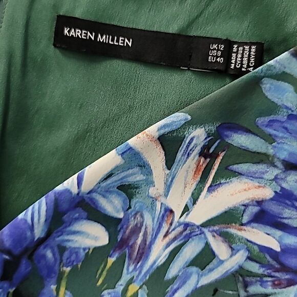Karen Millen Womens Back Zip V Neck Floral Sheath Dress Green Blue Size 8 - Picture 11 of 11